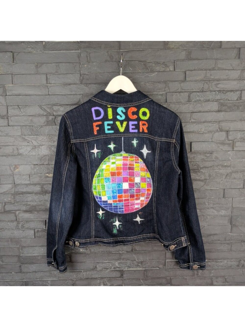 Y2K Retro 70's Disco Groovy Boho Party Jean Jacket Art Painted Upcycled Wom L